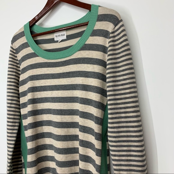 Olive & Oak Wide Striped Soft Preppy Fitted Scoop Neck Sweater Gray Cream Green - Picture 3 of 13
